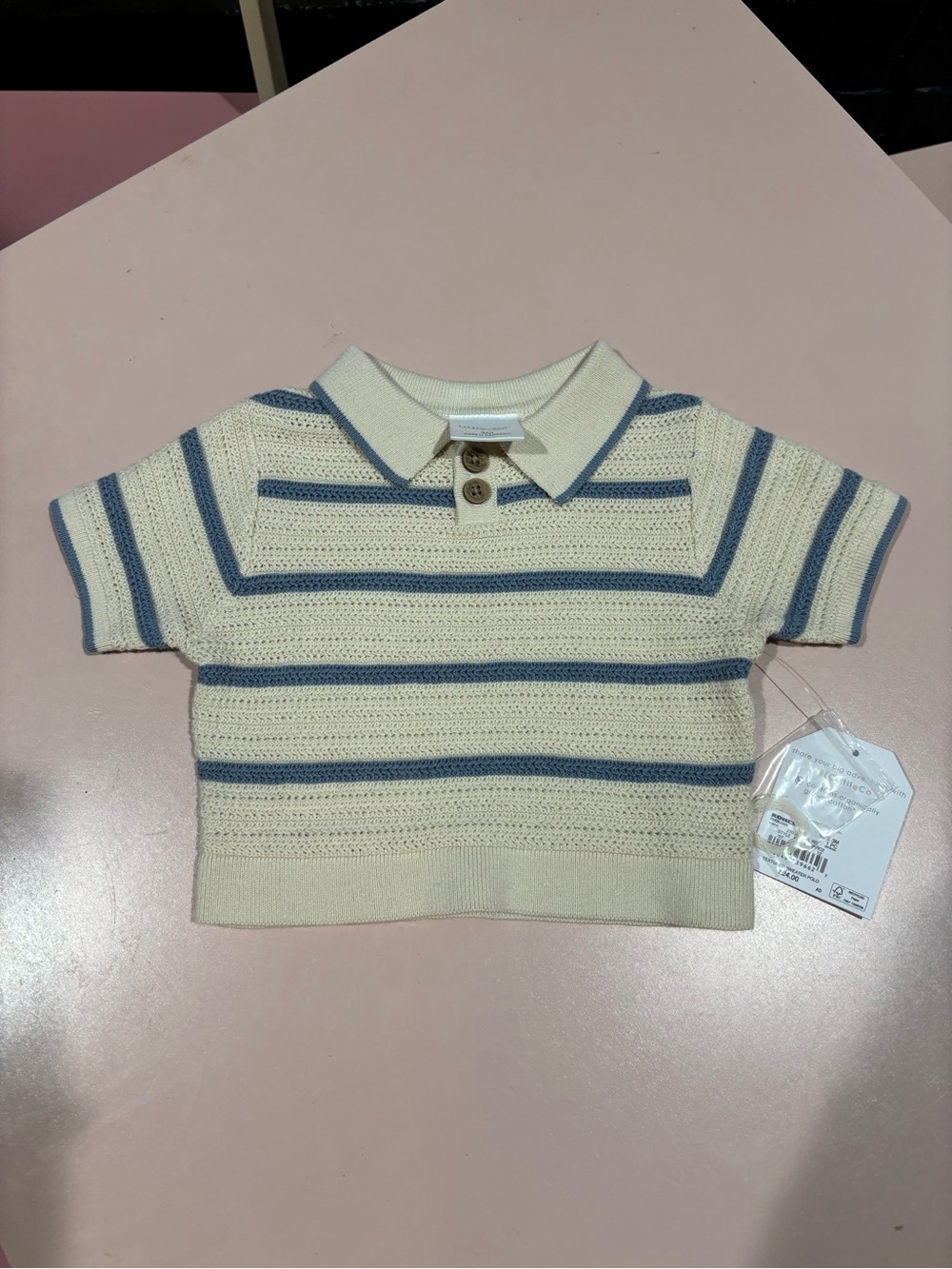 Toddler Cream Knit Polo with Blue Stripes
